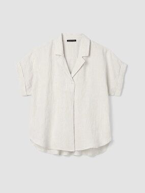 Eileen Fisher Puckered Organic Linen Stripe Notch Collar Top - M
